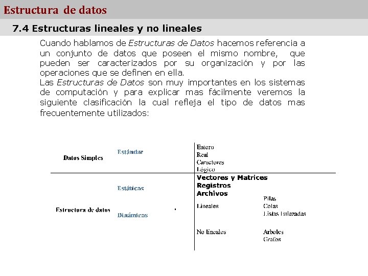 Estructura de datos 7. 4 Estructuras lineales y no lineales Cuando hablamos de Estructuras