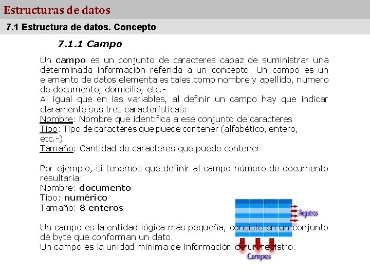 Estructuras de datos 7. 1 Estructura de datos. Concepto 7. 1. 1 Campo Un