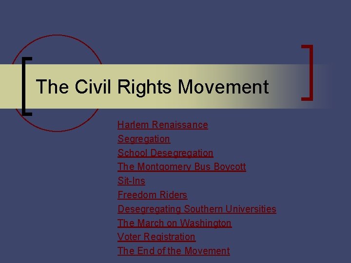 The Civil Rights Movement Harlem Renaissance Segregation School Desegregation The Montgomery Bus Boycott Sit-Ins