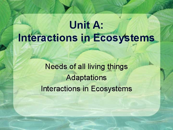 Unit A: Interactions in Ecosystems Needs of all living things Adaptations Interactions in Ecosystems