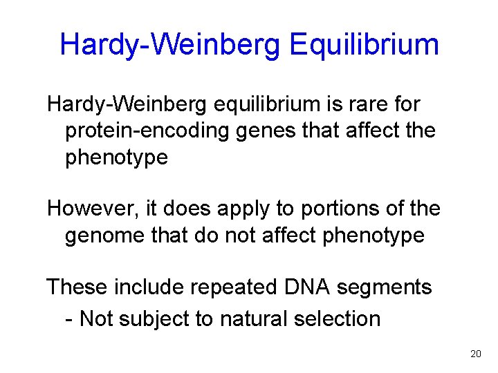 Hardy-Weinberg Equilibrium Hardy-Weinberg equilibrium is rare for protein-encoding genes that affect the phenotype However,