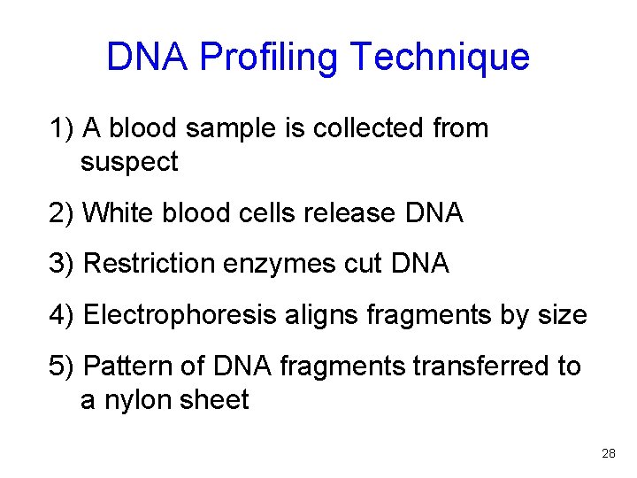 DNA Profiling Technique 1) A blood sample is collected from suspect 2) White blood