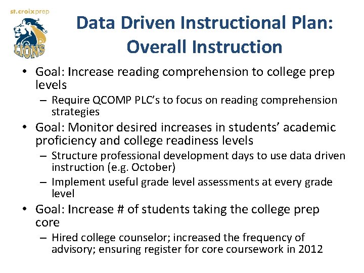 Data Driven Instructional Plan: Overall Instruction • Goal: Increase reading comprehension to college prep