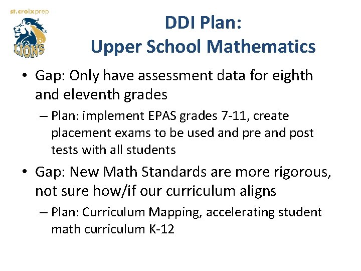 DDI Plan: Upper School Mathematics • Gap: Only have assessment data for eighth and