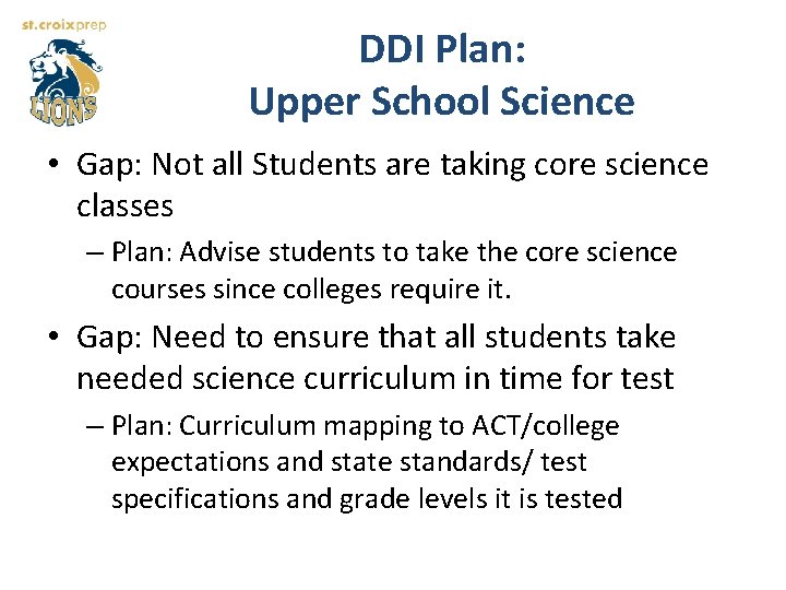 DDI Plan: Upper School Science • Gap: Not all Students are taking core science