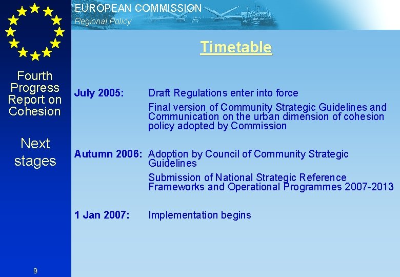 EUROPEAN COMMISSION Regional Policy Timetable Fourth Progress Report on Cohesion Next stages July 2005: