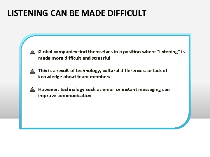 LISTENING CAN BE MADE DIFFICULT • Businesses depend on strong interpersonal relationships among Global