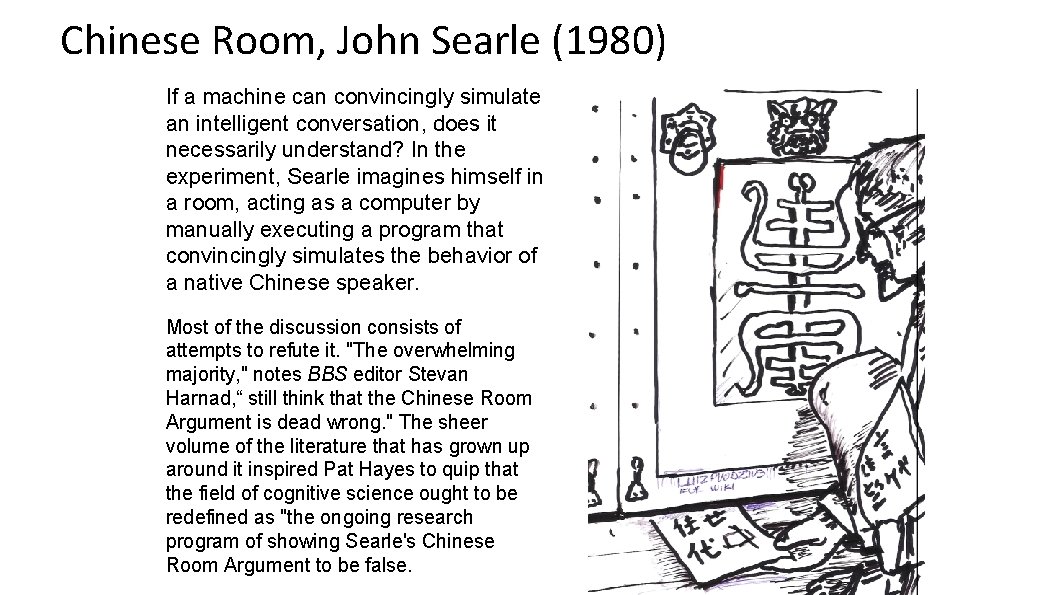 Chinese Room, John Searle (1980) If a machine can convincingly simulate an intelligent conversation,