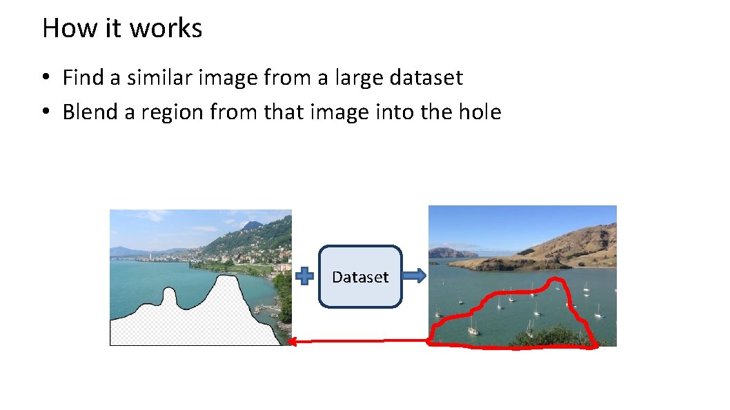 How it works • Find a similar image from a large dataset • Blend