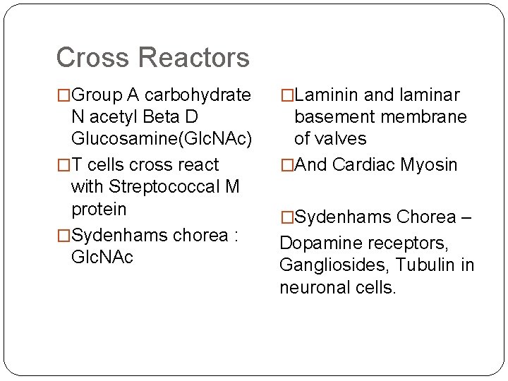 Cross Reactors �Group A carbohydrate �Laminin and laminar N acetyl Beta D Glucosamine(Glc. NAc)