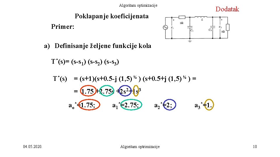 Algoritam optimizacije Dodatak Poklapanje koeficijenata Primer: a) Definisanje željene funkcije kola T*(s)= (s-s 1)