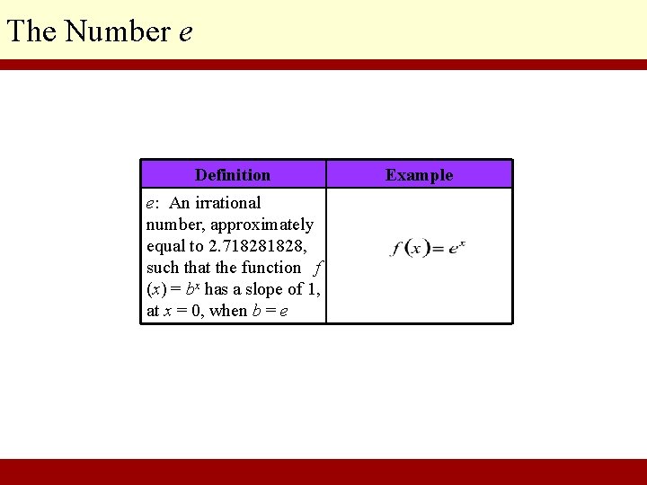 The Number e Definition Example e: An irrational number, approximately equal to 2. 71828,