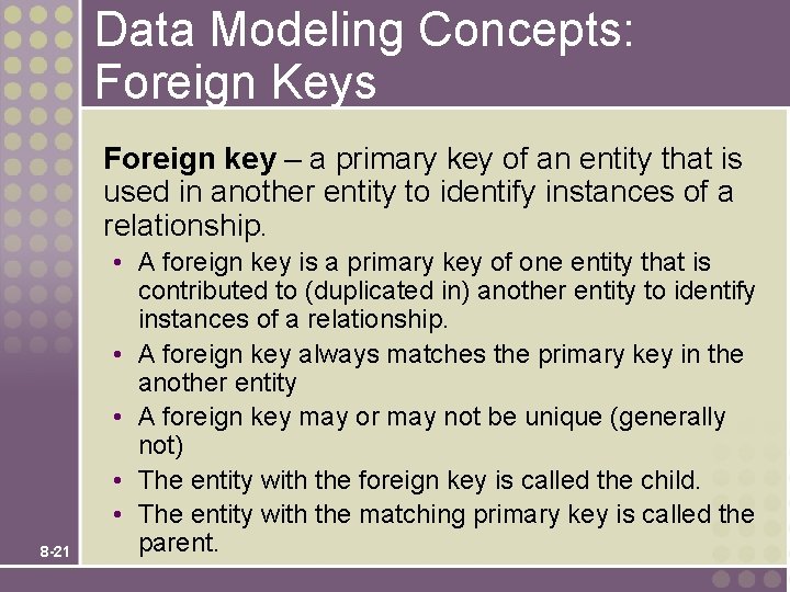Data Modeling Concepts: Foreign Keys Foreign key – a primary key of an entity