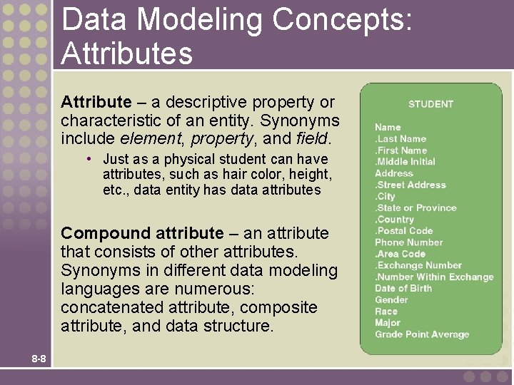 Data Modeling Concepts: Attributes Attribute – a descriptive property or characteristic of an entity.