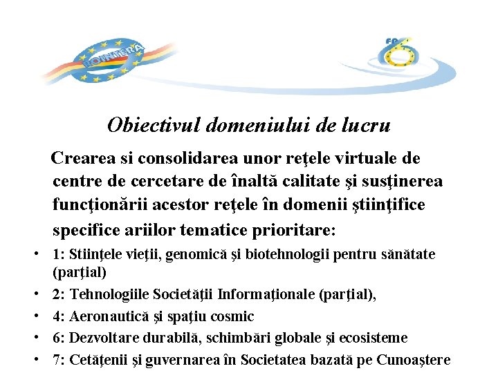 Obiectivul domeniului de lucru Crearea si consolidarea unor reţele virtuale de centre de cercetare