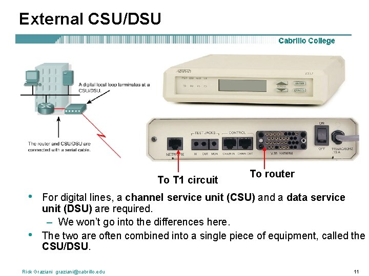 External CSU/DSU To T 1 circuit • • To router For digital lines, a