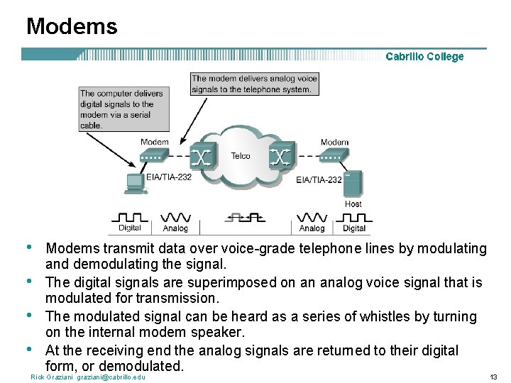 Modems • • Modems transmit data over voice-grade telephone lines by modulating and demodulating