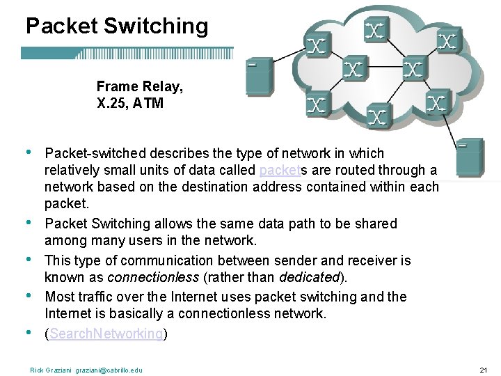 Packet Switching Frame Relay, X. 25, ATM • • • Packet-switched describes the type