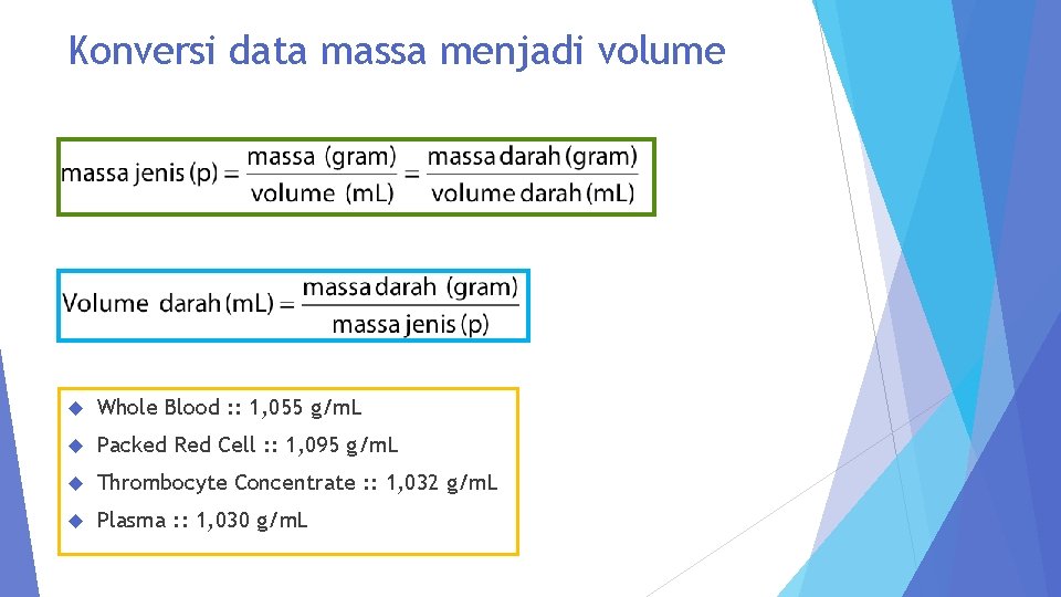 Konversi data massa menjadi volume Whole Blood : : 1, 055 g/m. L Packed