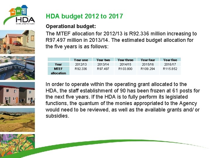 HDA budget 2012 to 2017 Operational budget: The MTEF allocation for 2012/13 is R