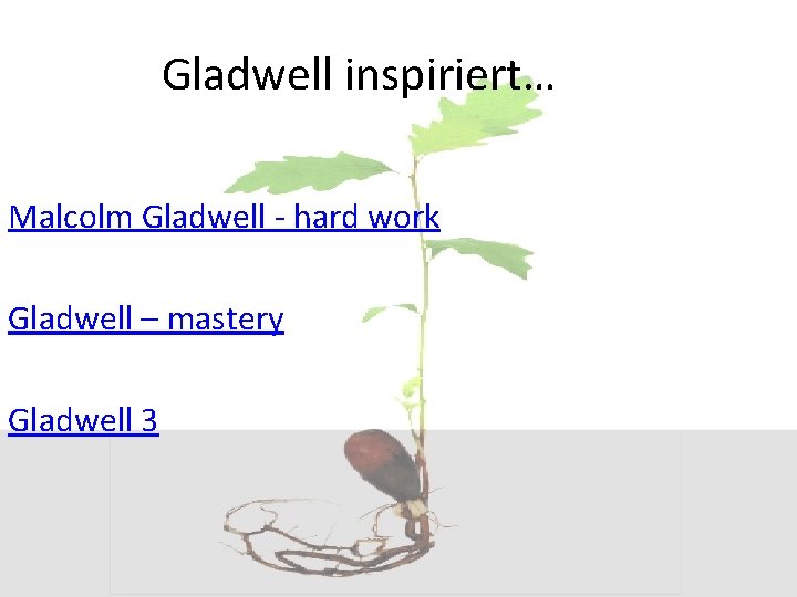 Gladwell inspiriert… Malcolm Gladwell - hard work Gladwell – mastery Gladwell 3 