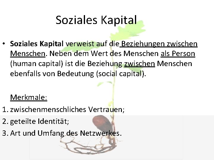 Soziales Kapital • Soziales Kapital verweist auf die Beziehungen zwischen Menschen. Neben dem Wert
