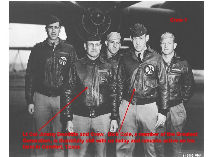 Crew 1 Lt Col Jimmy Doolittle and Crew. Dick Cole, a member of the