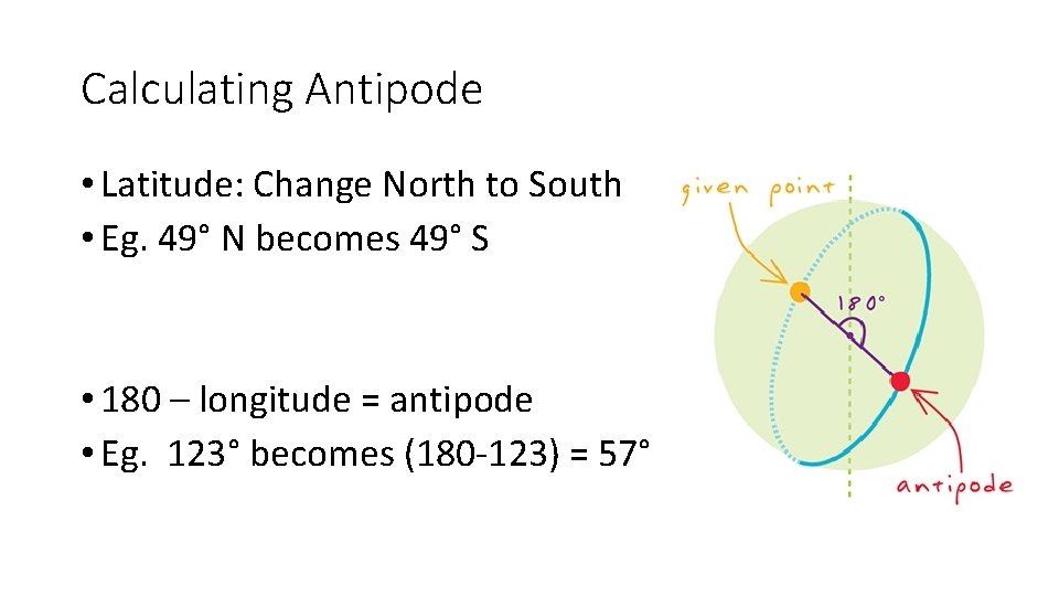Calculating Antipode • Latitude: Change North to South • Eg. 49° N becomes 49°