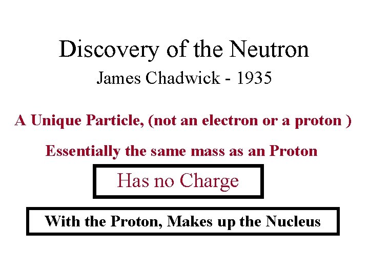 Discovery of the Neutron James Chadwick - 1935 A Unique Particle, (not an electron