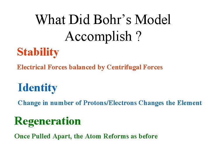 What Did Bohr’s Model Accomplish ? Stability Electrical Forces balanced by Centrifugal Forces Identity