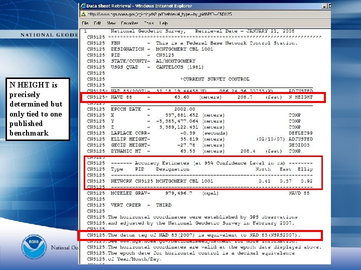 N HEIGHT is precisely determined but only tied to one published benchmark 