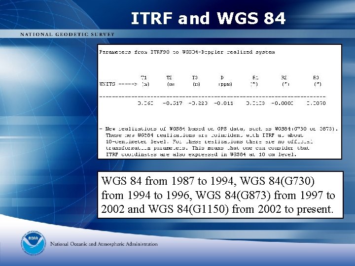 ITRF and WGS 84 from 1987 to 1994, WGS 84(G 730) from 1994 to