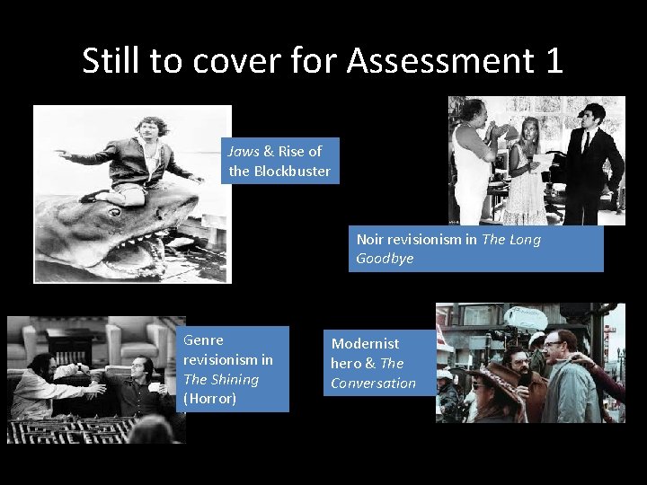 Still to cover for Assessment 1 Jaws & Rise of the Blockbuster Noir revisionism