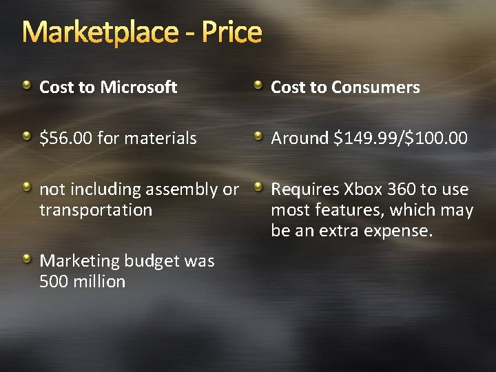 Marketplace - Price Cost to Microsoft Cost to Consumers $56. 00 for materials Around