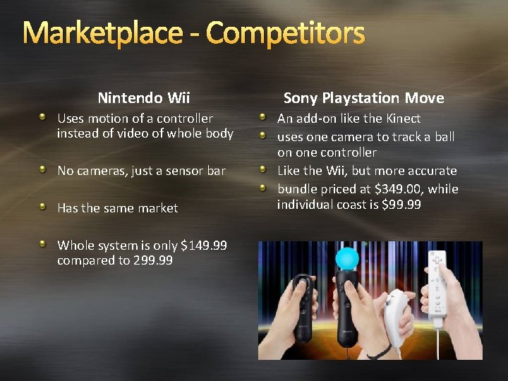 Marketplace - Competitors Nintendo Wii Sony Playstation Move Uses motion of a controller instead