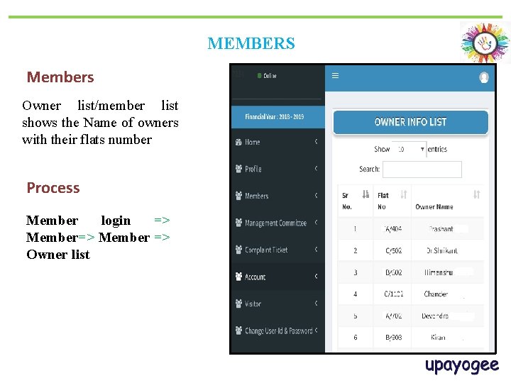 MEMBERS Members Owner list/member list shows the Name of owners with their flats number