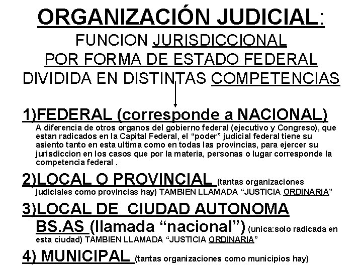 ORGANIZACIÓN JUDICIAL: FUNCION JURISDICCIONAL POR FORMA DE ESTADO FEDERAL DIVIDIDA EN DISTINTAS COMPETENCIAS 1)FEDERAL