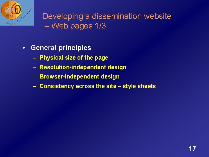 Developing a dissemination website – Web pages 1/3 • General principles – Physical size