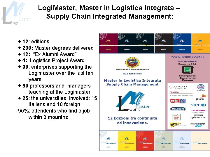 Logi. Master, Master in Logistica Integrata – Supply Chain Integrated Management: + 12: editions