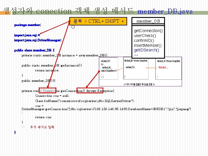 생성자와 conection 객체 생성 메서드 member_DB. java package member; 블록 > CTRL+SHIFT + O