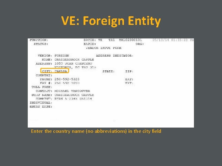 VE: Foreign Entity Enter the country name (no abbreviations) in the city field 