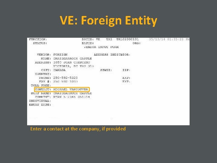 VE: Foreign Entity Enter a contact at the company, if provided 