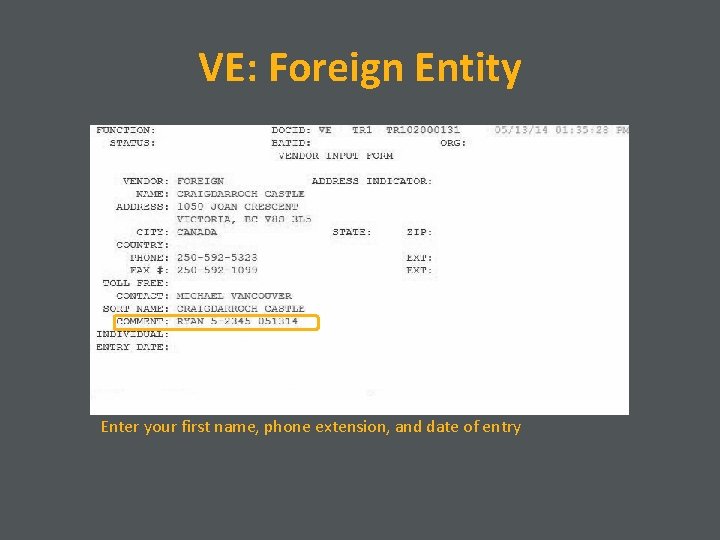 VE: Foreign Entity Enter your first name, phone extension, and date of entry 