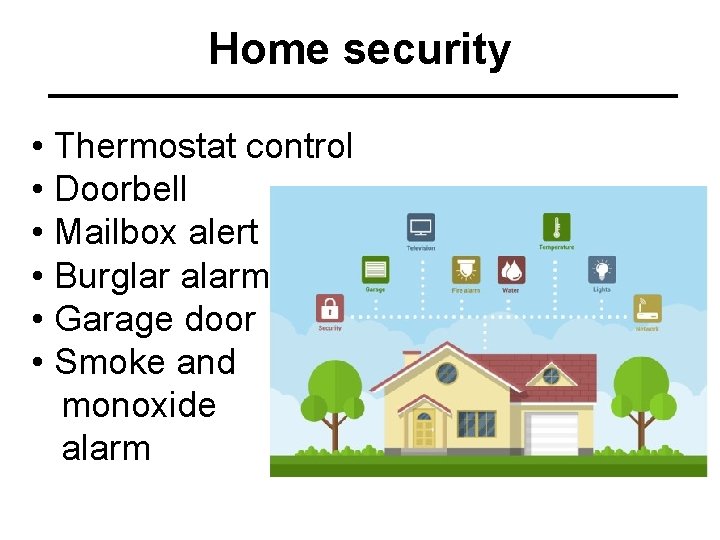 Home security • Thermostat control • Doorbell • Mailbox alert • Burglar alarm •