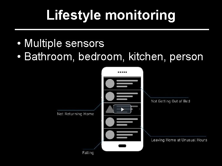 Lifestyle monitoring • Multiple sensors • Bathroom, bedroom, kitchen, person 