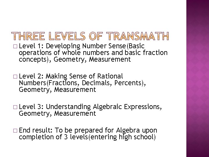 � Level 1: Developing Number Sense(Basic operations of whole numbers and basic fraction concepts),