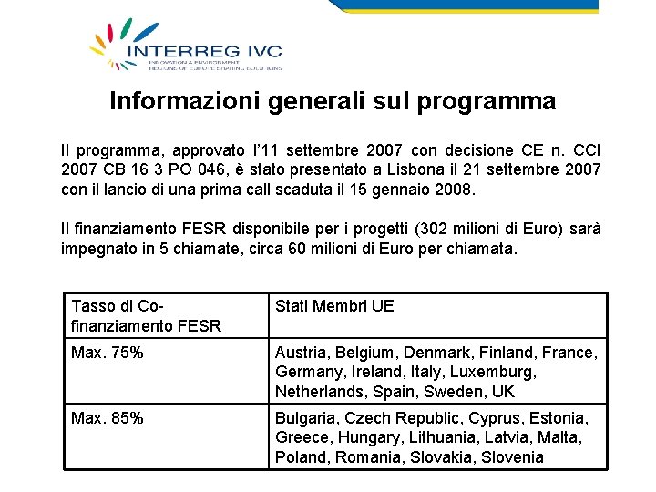 Informazioni generali sul programma Il programma, approvato l’ 11 settembre 2007 con decisione CE