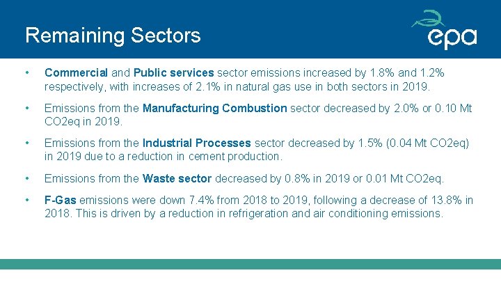 Remaining Sectors • Commercial and Public services sector emissions increased by 1. 8% and
