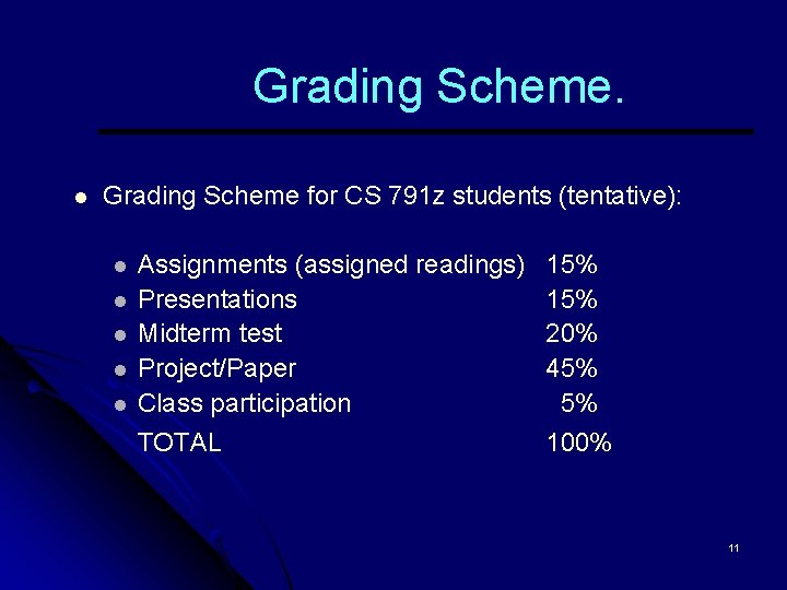 Grading Scheme. l Grading Scheme for CS 791 z students (tentative): l l l