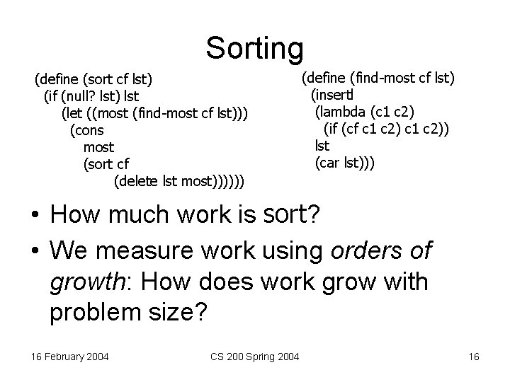 Sorting (define (sort cf lst) (if (null? lst) lst (let ((most (find-most cf lst)))